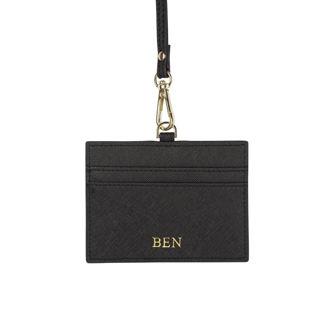 Black - Saffiano Horizontal ID Cardholder Lanyard - THEIMPRINT CO