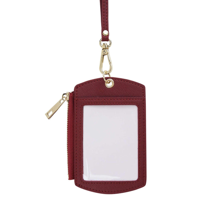 Burgundy - Saffiano ID Cardholder Lanyard with Zip | Personalise | TheImprint Singapore